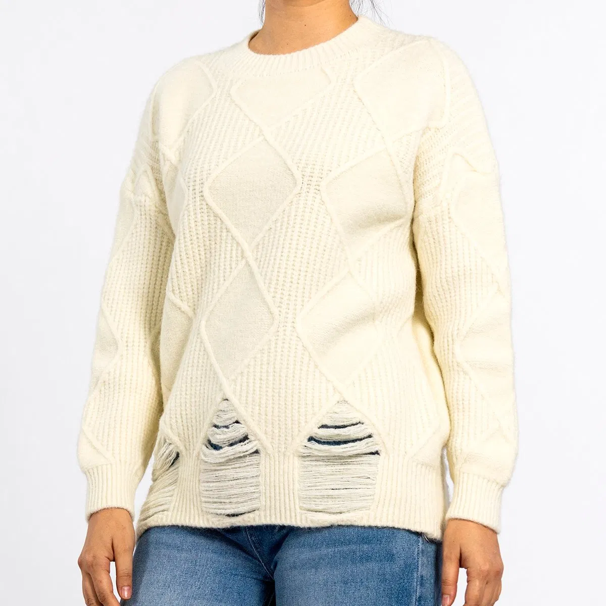 Round Neck Cut Graphic Texture Pullover Beige Sweater