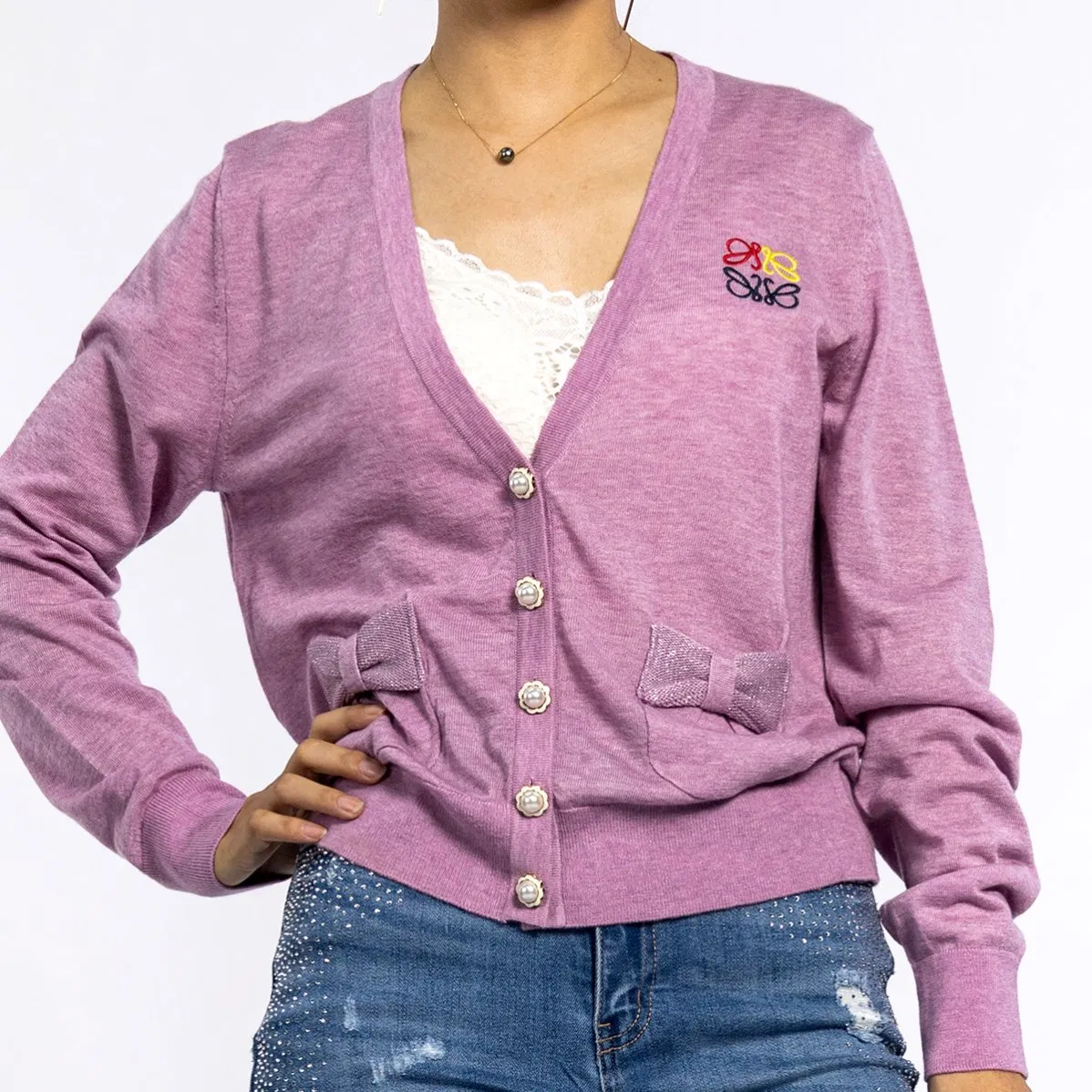 Spring Purple Embroidery Deep V-Neck Long Sleeve Knitted Tops Light Weight Cardigan Sweaters for Women