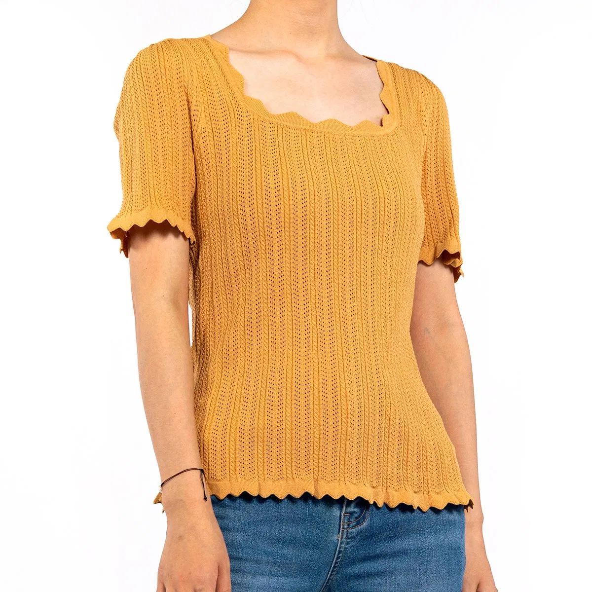 Casual Short Sleeve T-Shirt Square Neck Wavy Edge Hollow out Summer Knit Top Women
