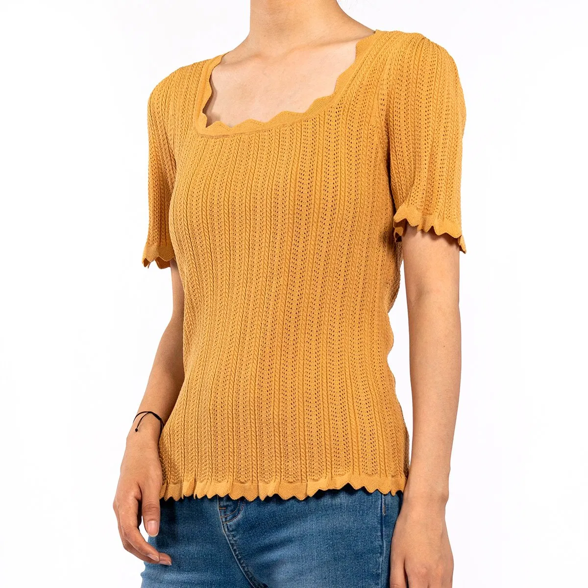 Casual Short Sleeve T-Shirt Square Neck Wavy Edge Hollow out Summer Knit Top Women