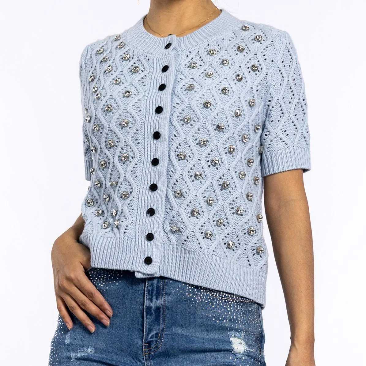 Summer Blue Hot Diamond Design Round Neck Crochet Sweater Short Sleeve Cardigan