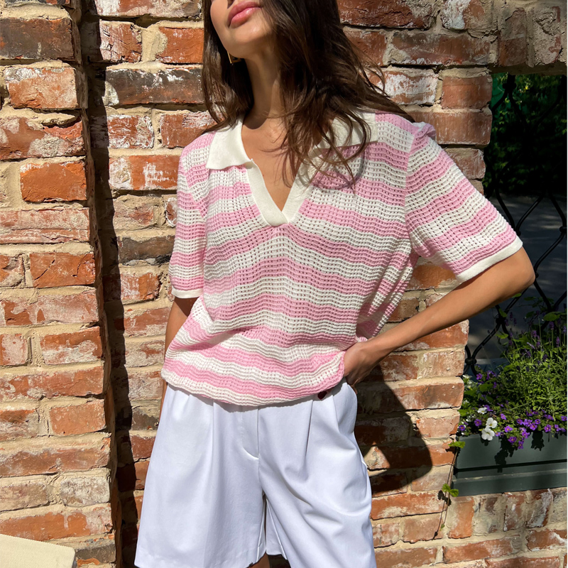 Elegant Casual Viscose Knit Striped Top &ndash; Women&rsquor; S Short Sleeve V Neck, All-Match Knit Short Sleeve Blouse