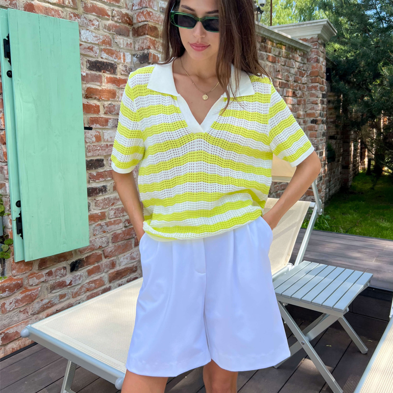 Elegant Casual Viscose Knit Striped Top &ndash; Women&rsquor; S Short Sleeve V Neck, All-Match Knit Short Sleeve Blouse