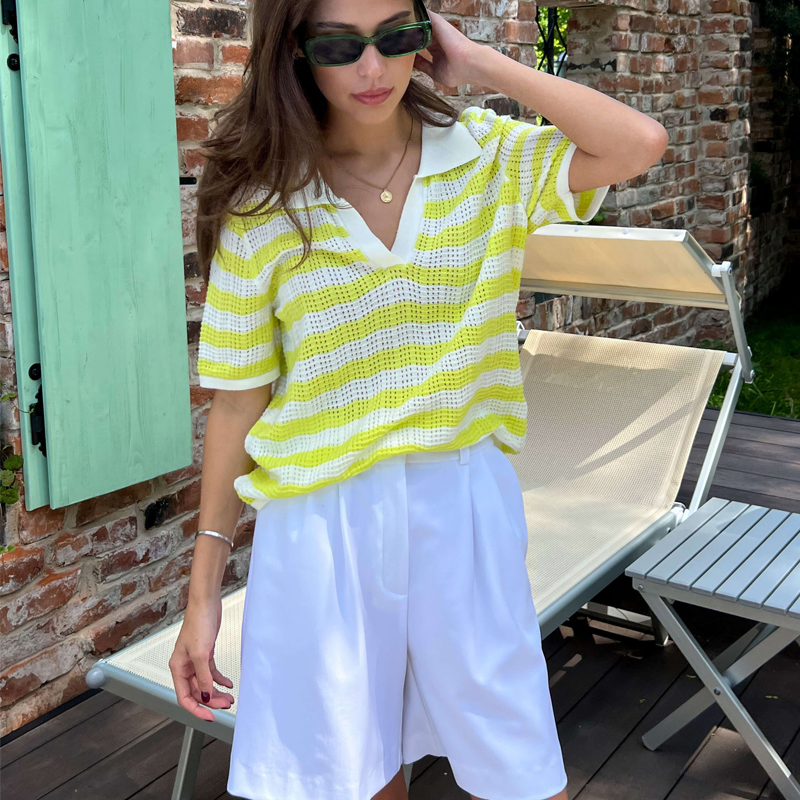 Elegant Casual Viscose Knit Striped Top &ndash; Women&rsquor; S Short Sleeve V Neck, All-Match Knit Short Sleeve Blouse