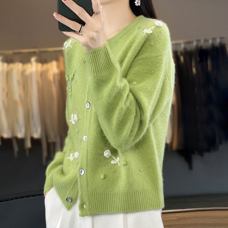 Round Neck Crocheted Long Sleeve Loose Wool Sweater