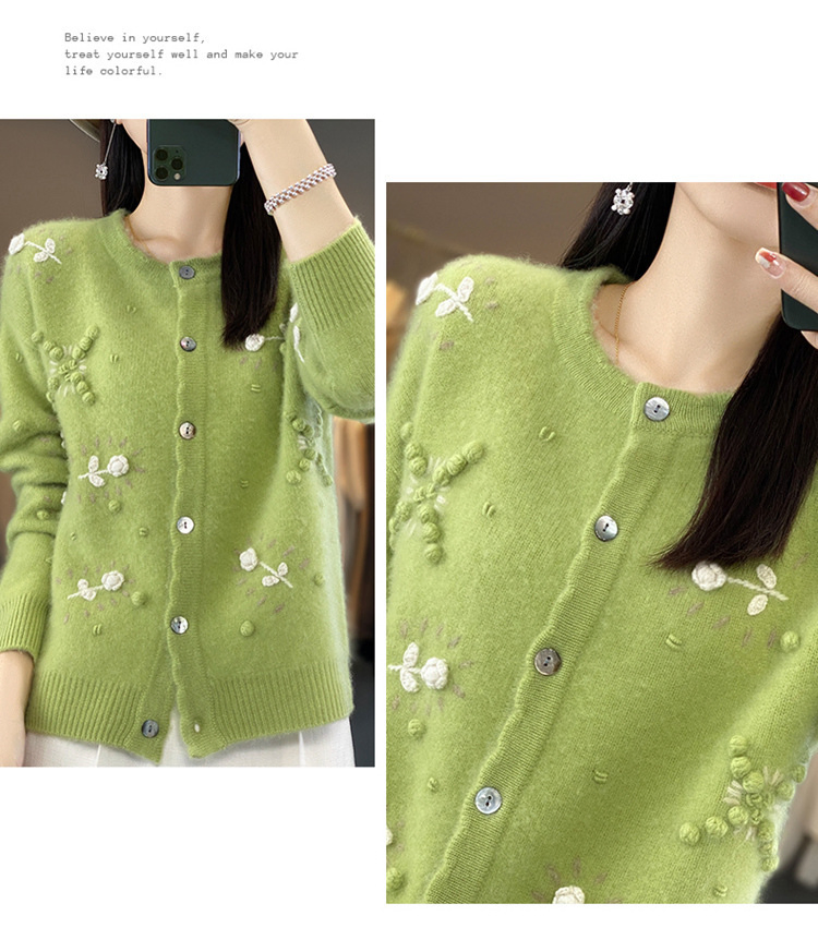 Round Neck Crocheted Long Sleeve Loose Wool Sweater