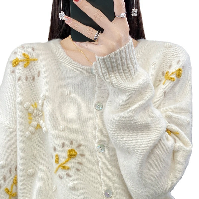 Round Neck Crocheted Long Sleeve Loose Wool Sweater