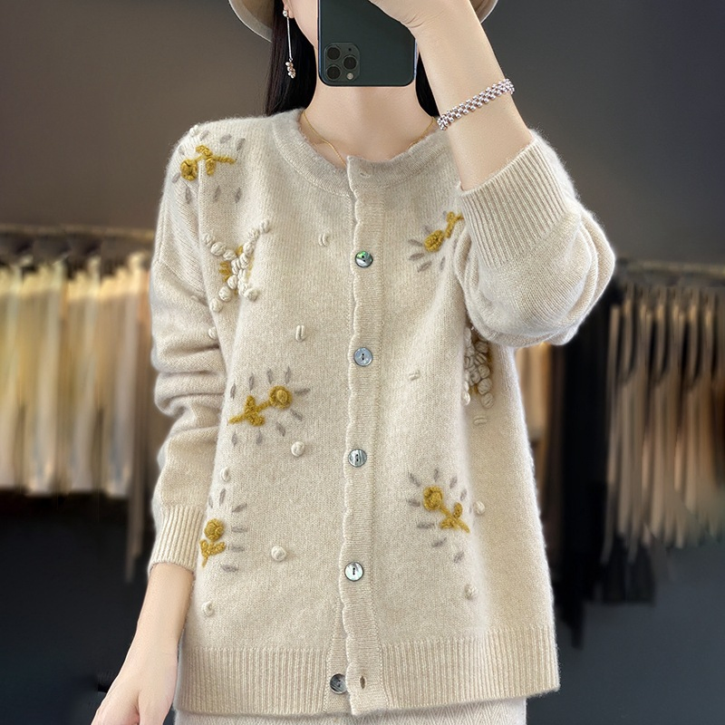 Round Neck Crocheted Long Sleeve Loose Wool Sweater