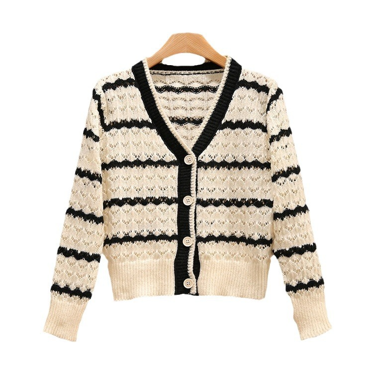 New 2024 Spring and Autumn Loose Outside with Striped Small Fragrance V-Neck Hollow Knit Cardigan Sweater Coat