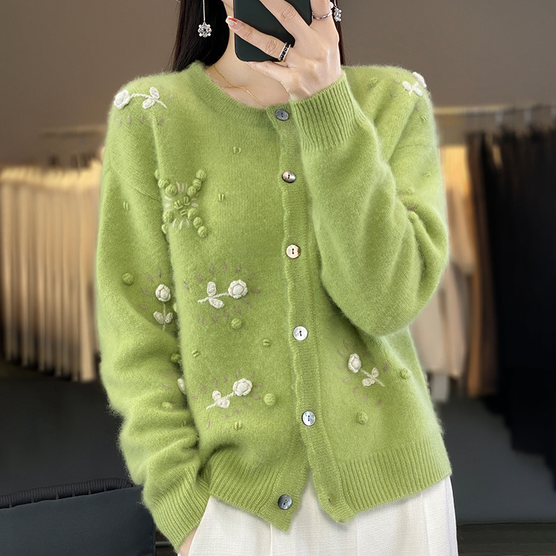 Round Neck Crocheted Long Sleeve Loose Wool Sweater