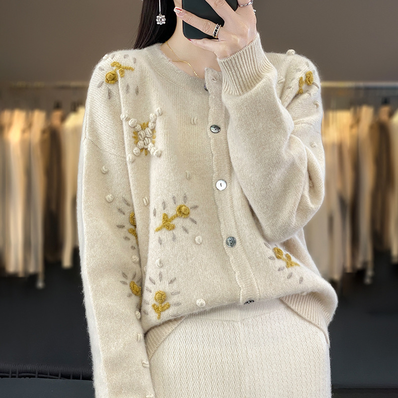 Round Neck Crocheted Long Sleeve Loose Wool Sweater