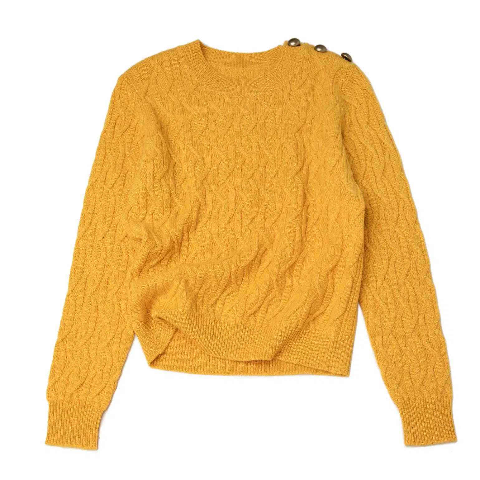 Pure 100% Cashmere Sweater Knitting Women Pullover Side Shoulder Opening Buttoned Classic Cable Knitwear