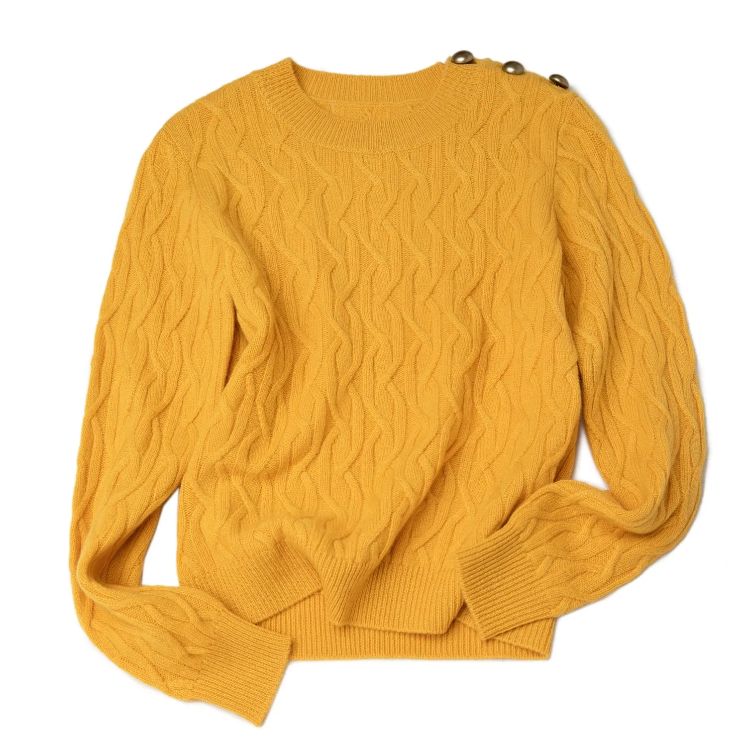 Pure 100% Cashmere Sweater Knitting Women Pullover Side Shoulder Opening Buttoned Classic Cable Knitwear