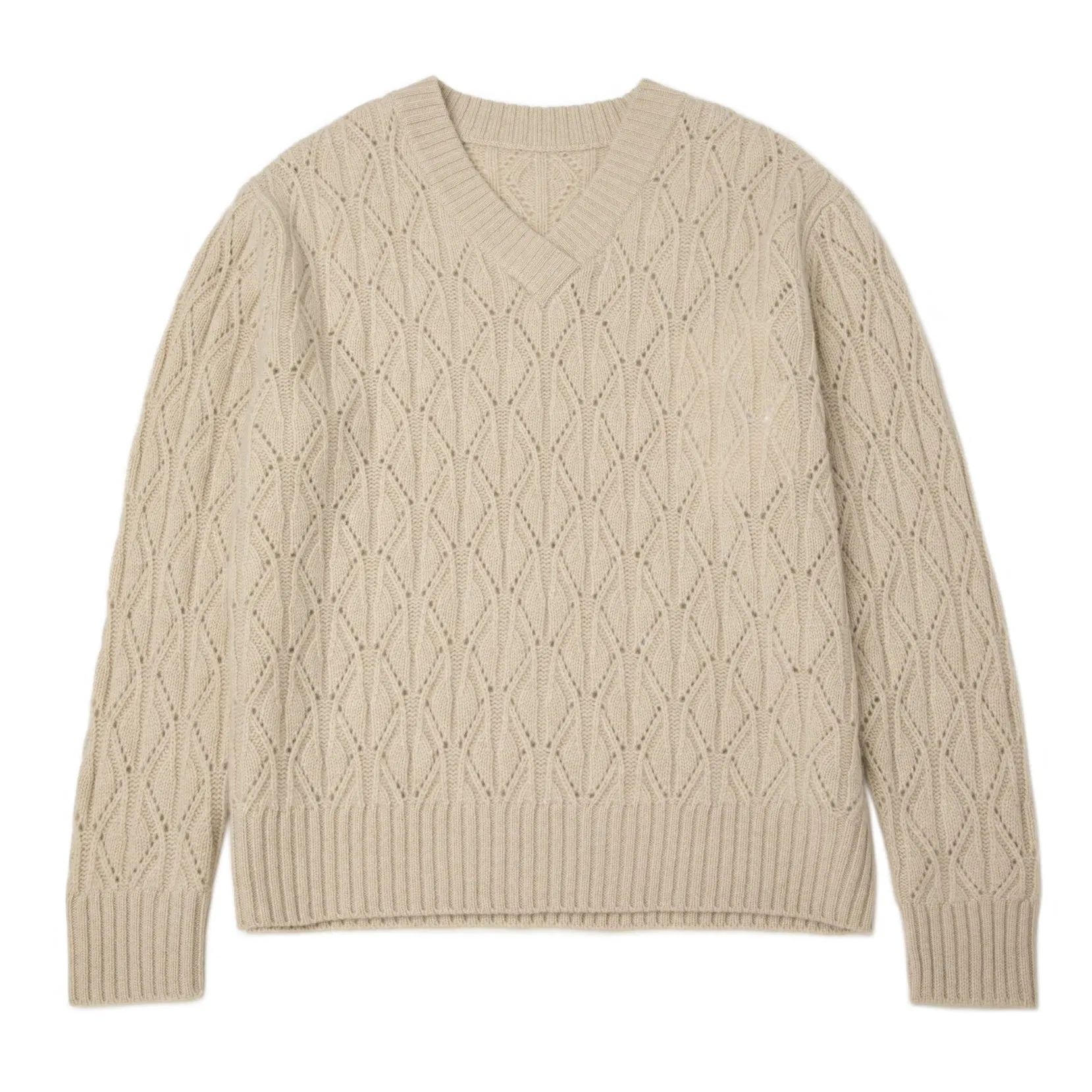 Classical Knitting Pointelle Stitch Pullover Soft Overlap V Neck Knitwear Pure 100% Cashmere Women Sweater
