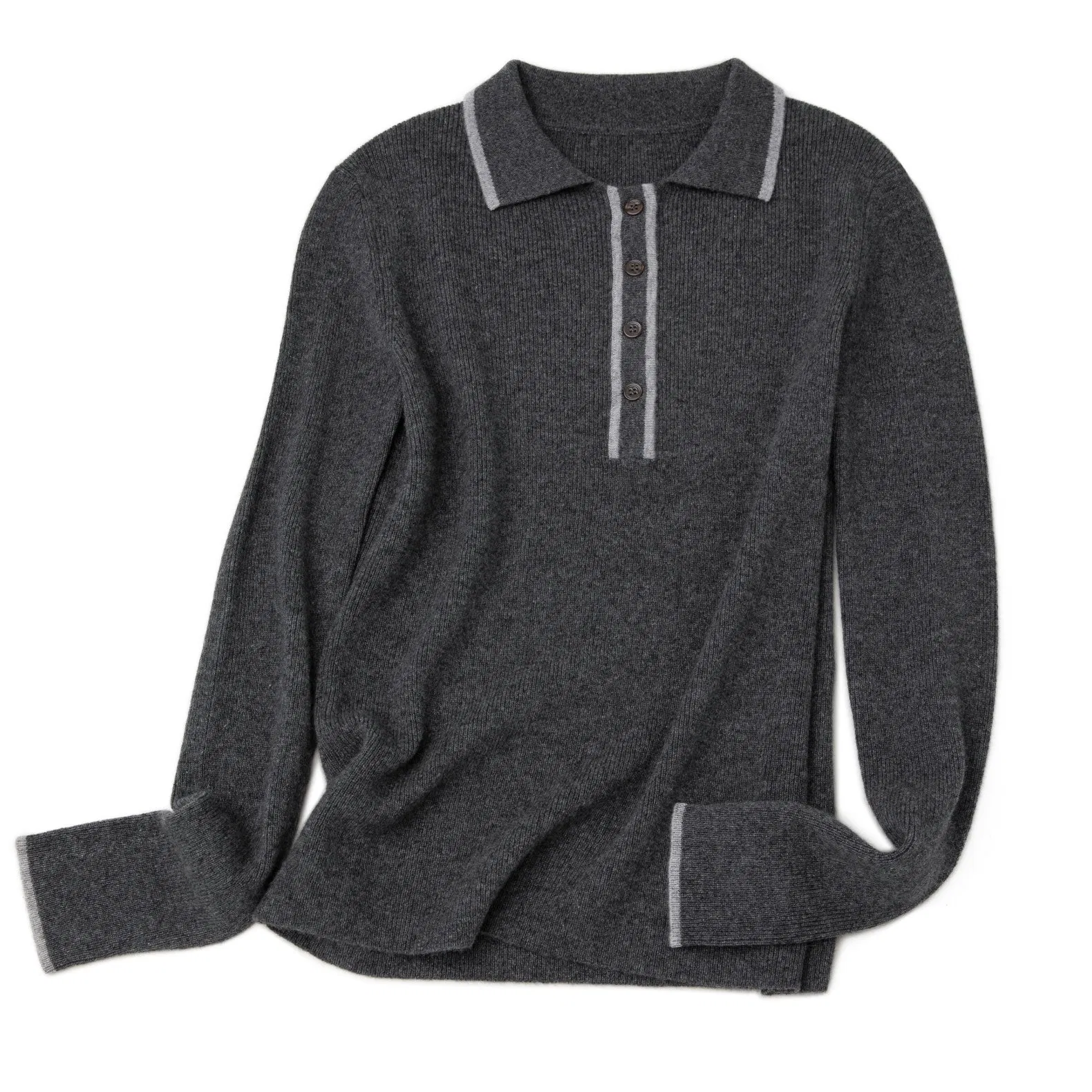 Elegant Women&prime;s Cashmere Polo Pullover with Contrast Trim