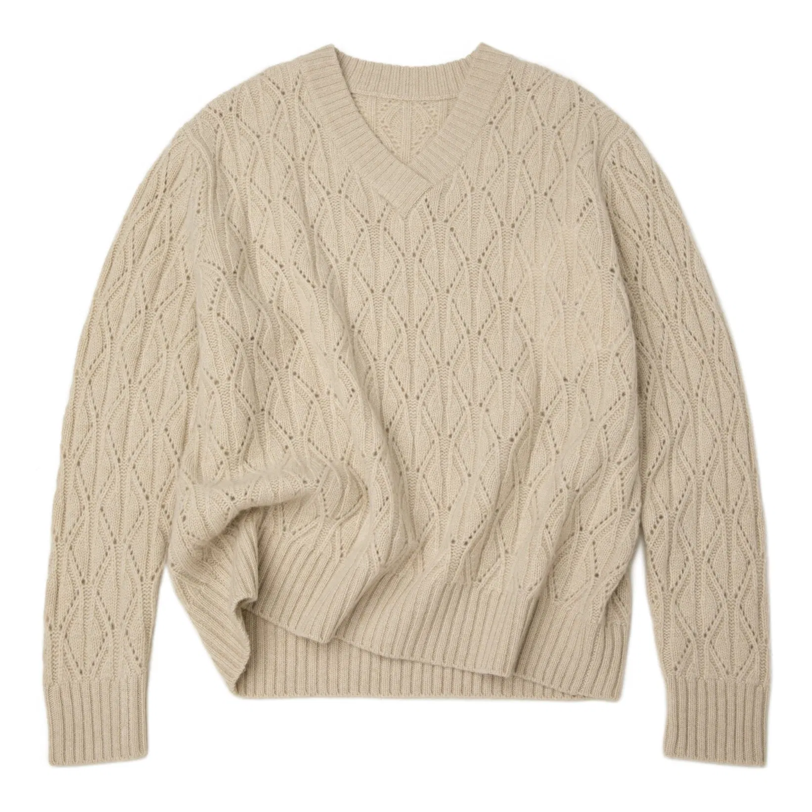 Classical Knitting Pointelle Stitch Pullover Soft Overlap V Neck Knitwear Pure 100% Cashmere Women Sweater
