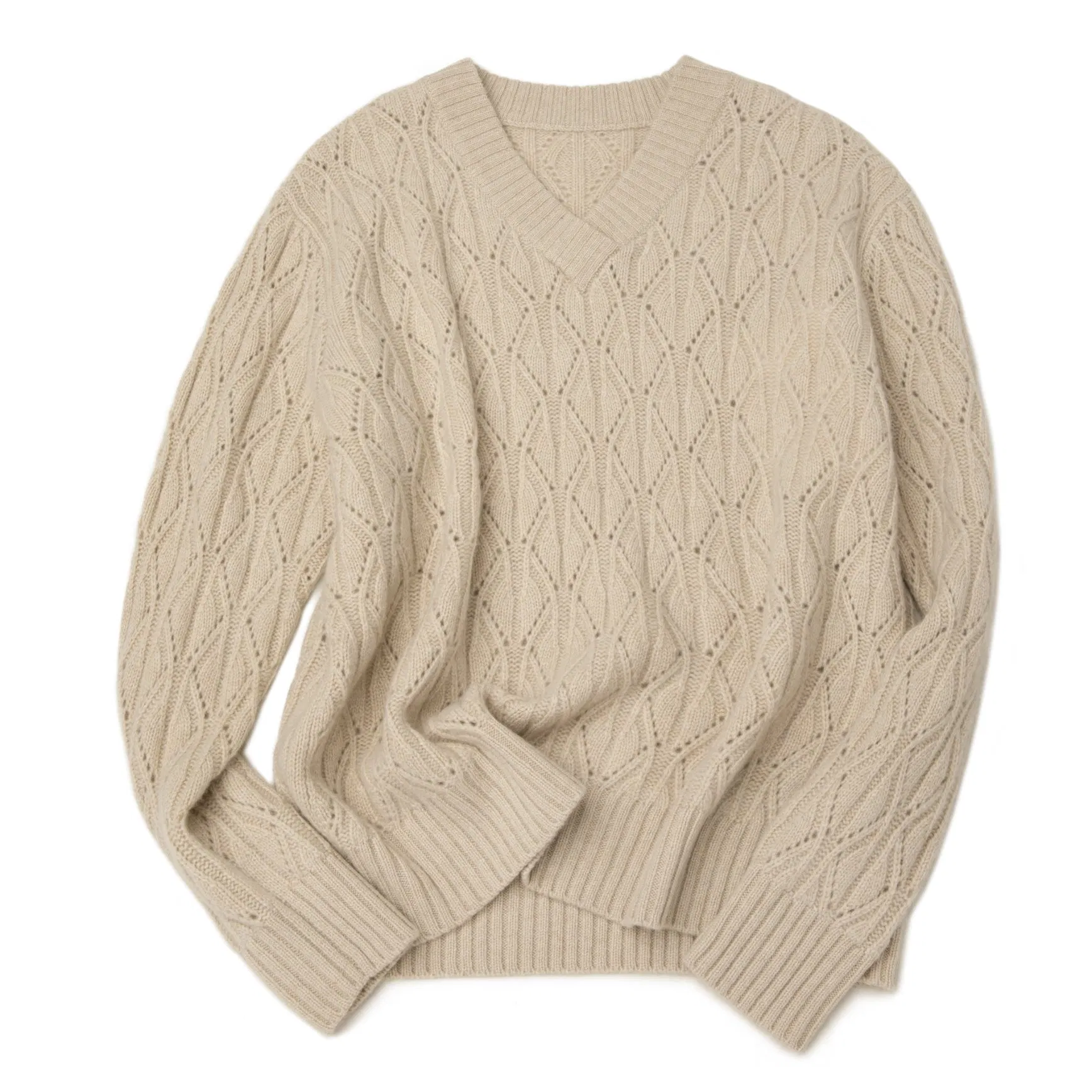 Classical Knitting Pointelle Stitch Pullover Soft Overlap V Neck Knitwear Pure 100% Cashmere Women Sweater