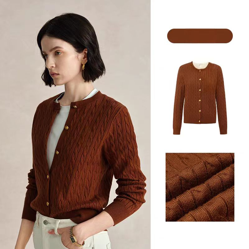 Women Layer Stylish Cardigan Cable Knitted New Style Crew Neck Cardigan for Winter