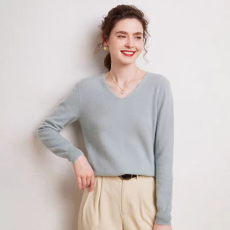 Wholesale Popular Women Classic Fashion V Neck Merino Wool Jumper Sweater
