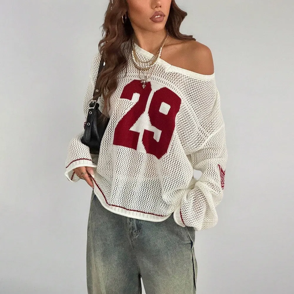 Lightweight White Color with Red Number Jacquard Crochet Knit Women Sweater