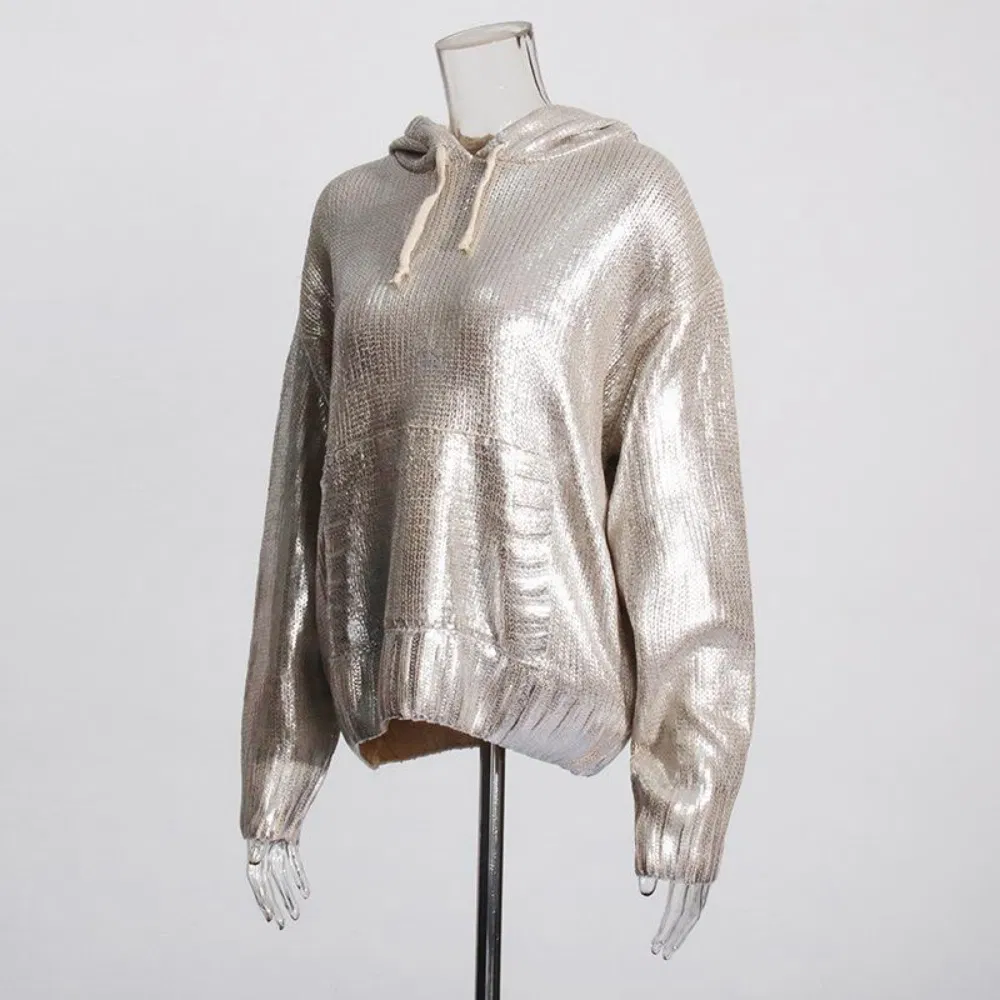 Fashion Silver Knit Pullover Sweater Hoodie for Women with Drawstring