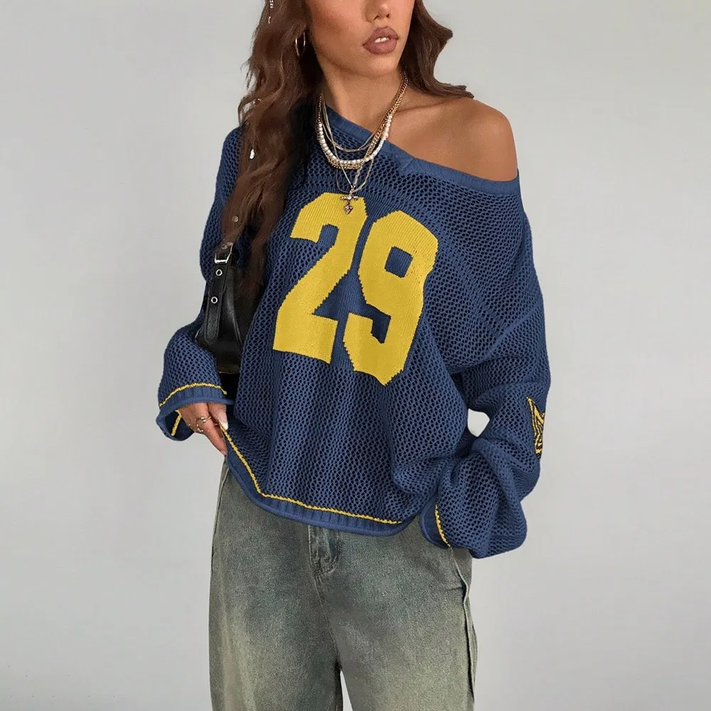 Fashion Dark Blue Jacquard Number Long Sleeve Summer Women&prime;s Crochet Knit Sweater
