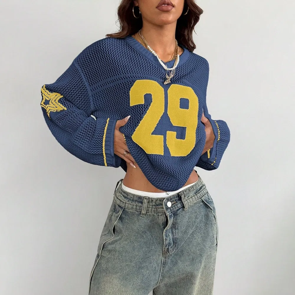 Fashion Dark Blue Jacquard Number Long Sleeve Summer Women&prime;s Crochet Knit Sweater