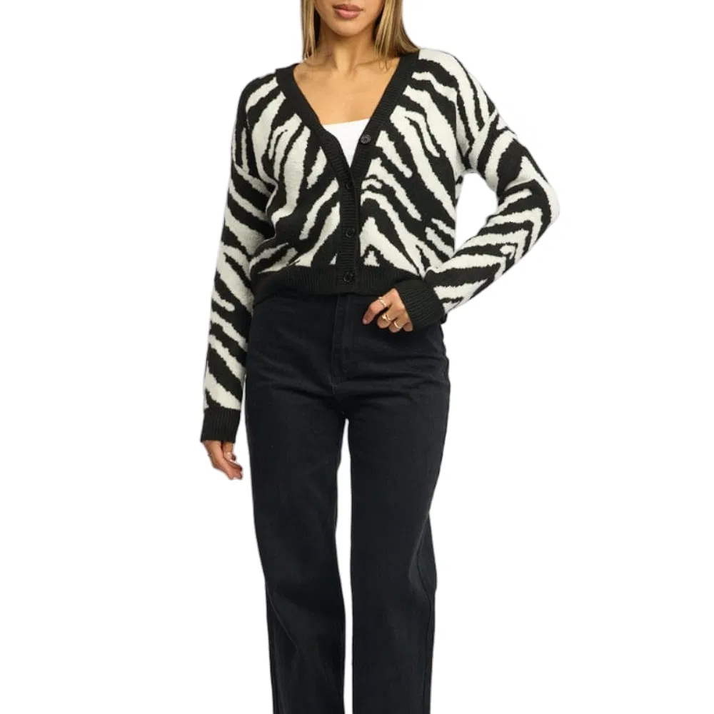 Fashion Black Zebra Jacquard Patterned Crop Cardigan Sweater for Women