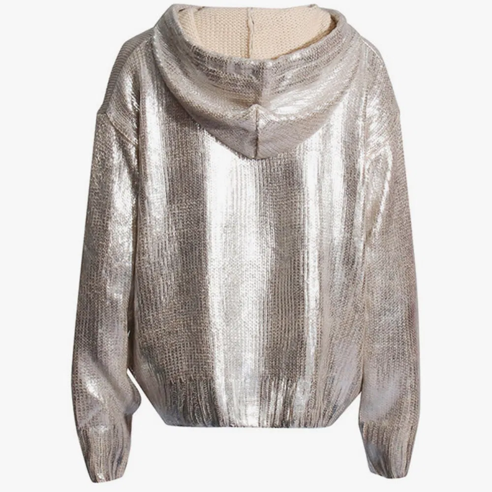 Fashion Silver Knit Pullover Sweater Hoodie for Women with Drawstring