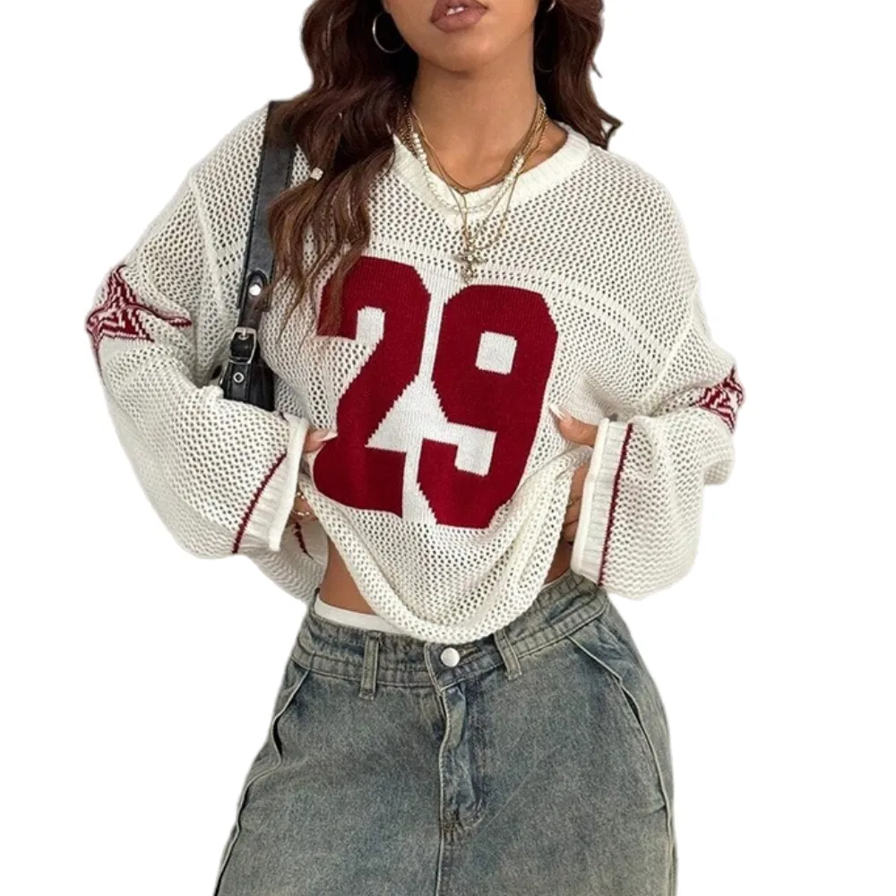 Lightweight White Color with Red Number Jacquard Crochet Knit Women Sweater