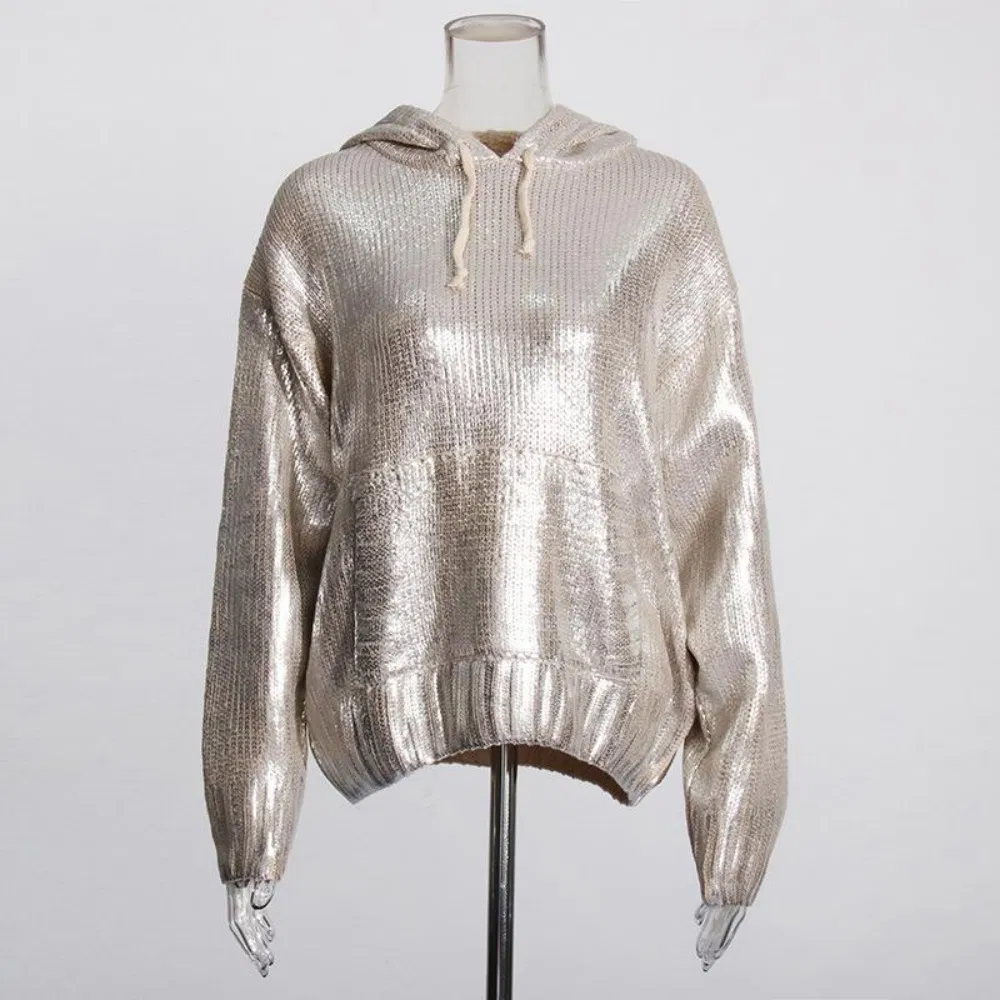 Fashion Silver Knit Pullover Sweater Hoodie for Women with Drawstring