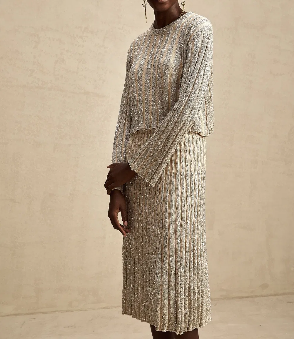 Cozy Matching Sweater and Skirt Set with Golden Stripes