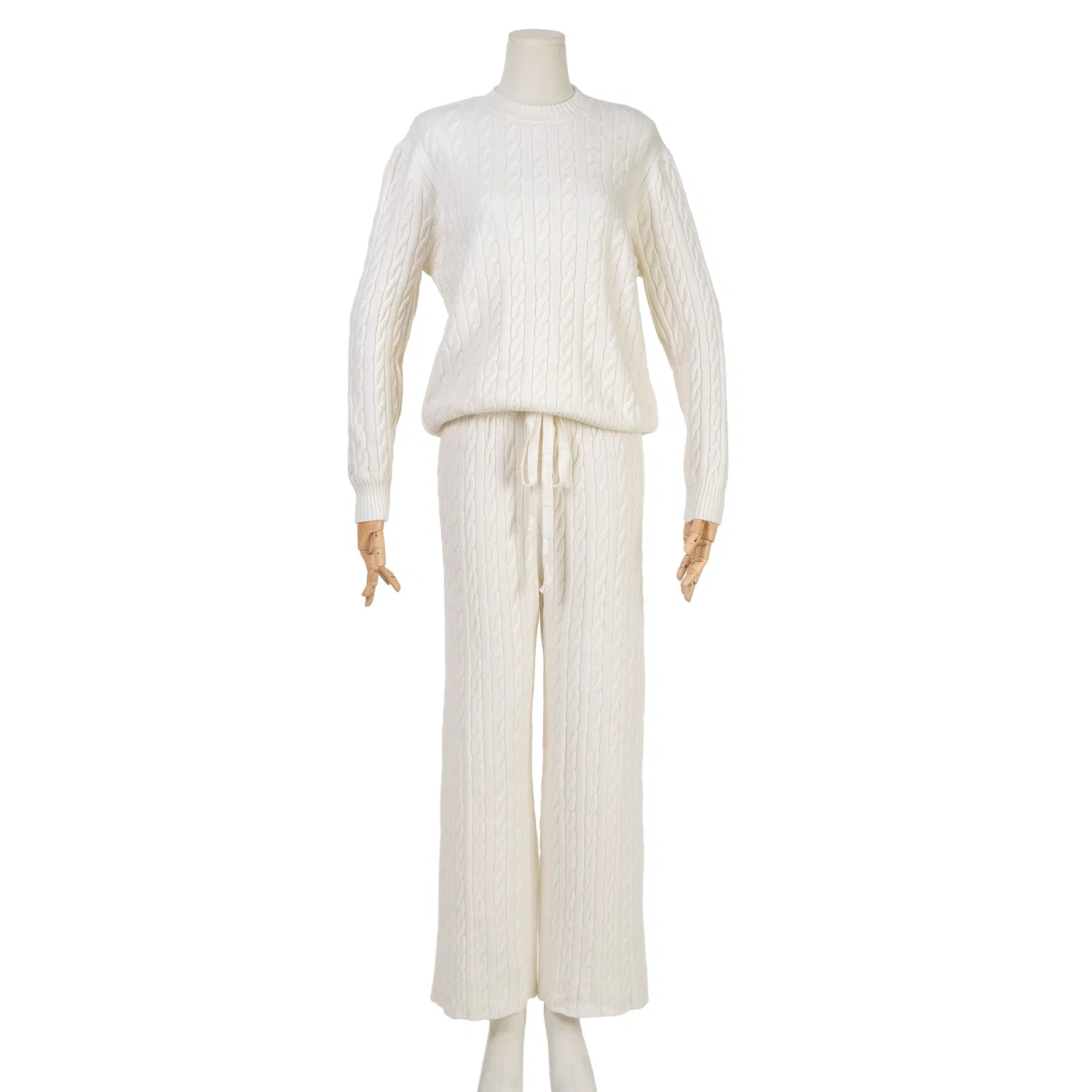 Beige Color Cable Knit Pattern Top and Knit Long Pants One Set Women Sweater