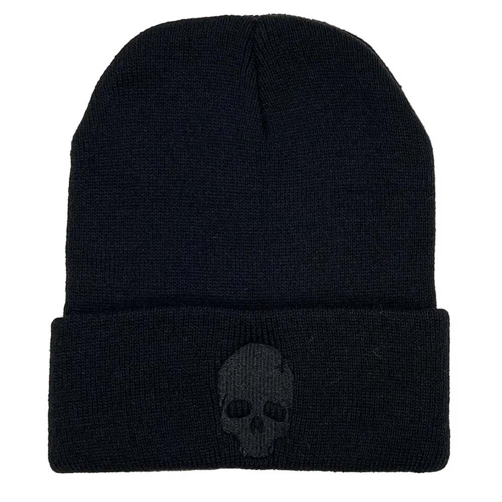 Stylish Black Knit Beanie Featuring Unique Black Skull Embroidery