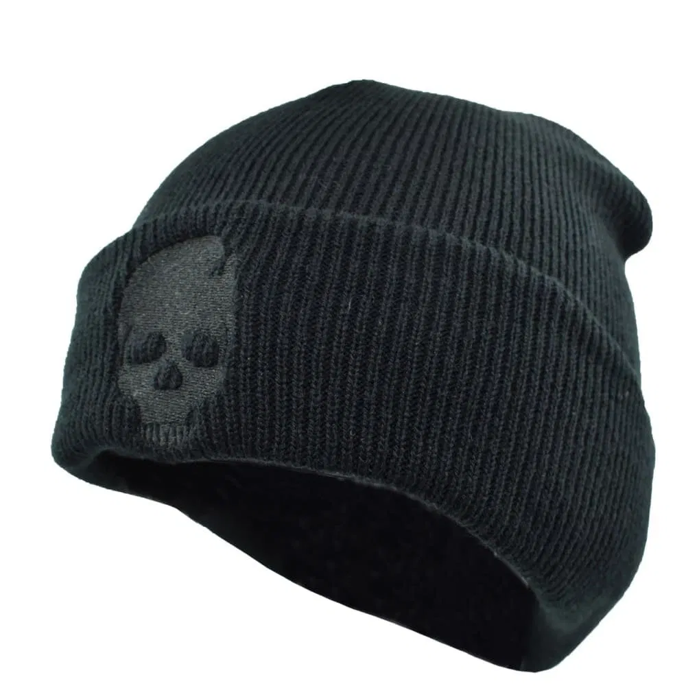 Stylish Black Knit Beanie Featuring Unique Black Skull Embroidery