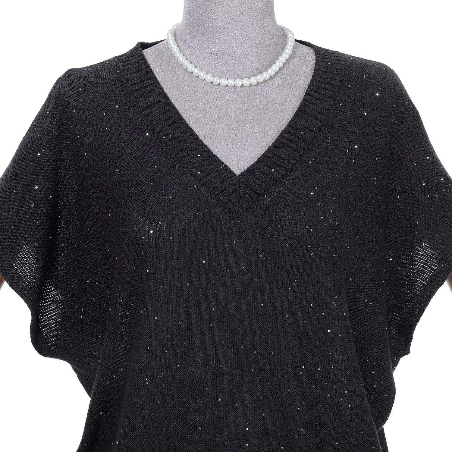 Fashion Knitted Black Short Sleeve and Skirt Sequin Set for Women Sweater