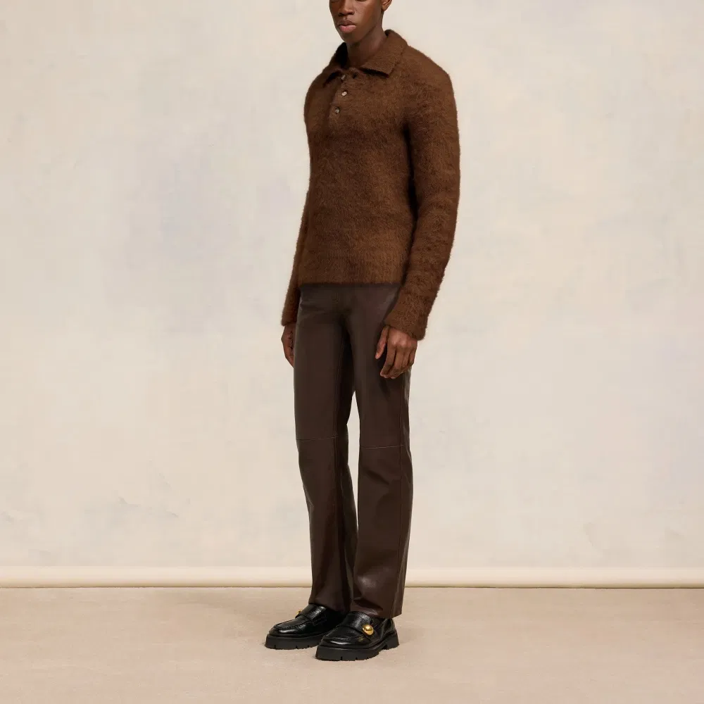 Luxurious Brown Mohair Polo Sweater for Men - Cozy Style