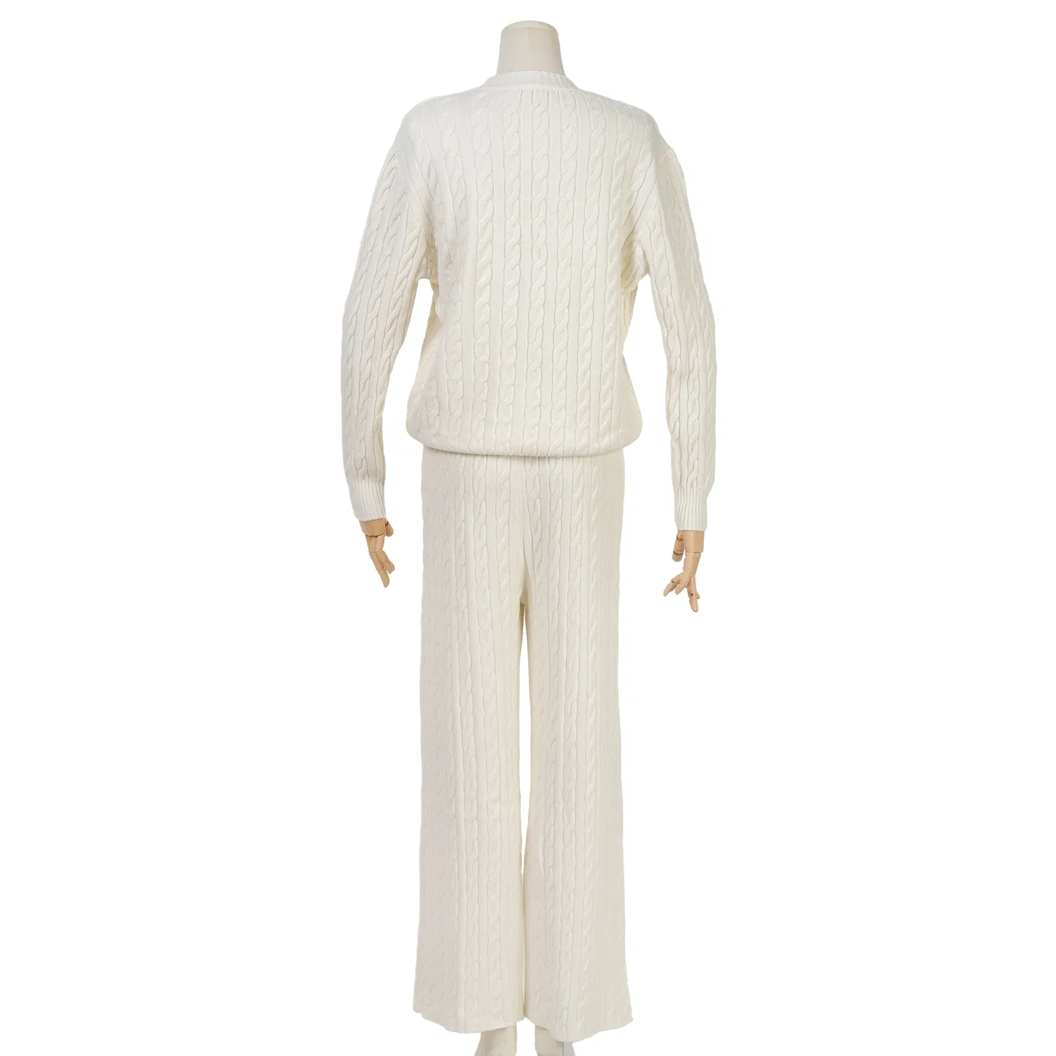 Beige Color Cable Knit Pattern Top and Knit Long Pants One Set Women Sweater