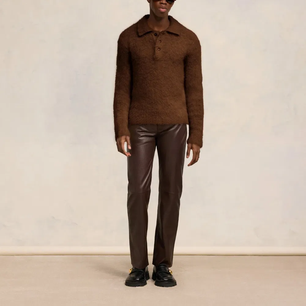 Luxurious Brown Mohair Polo Sweater for Men - Cozy Style