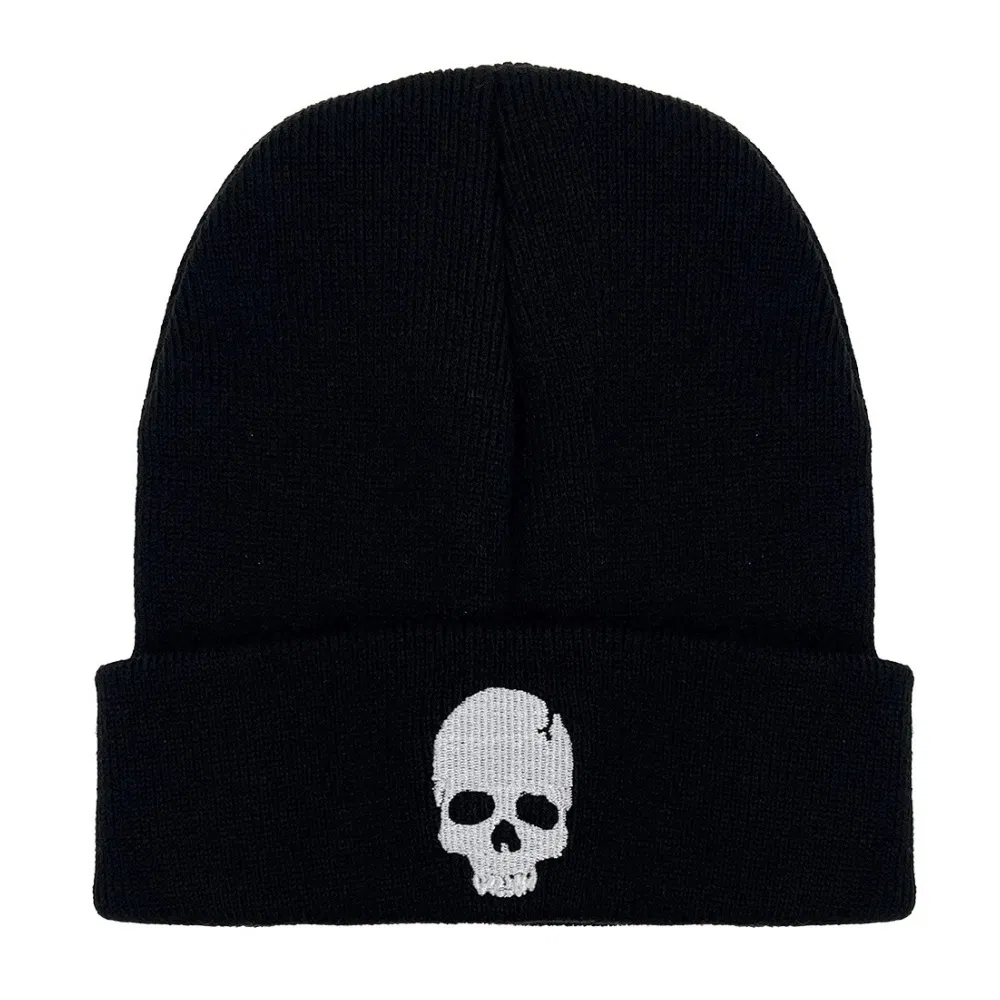 Stylish Black Knit Beanie Featuring Unique Black Skull Embroidery