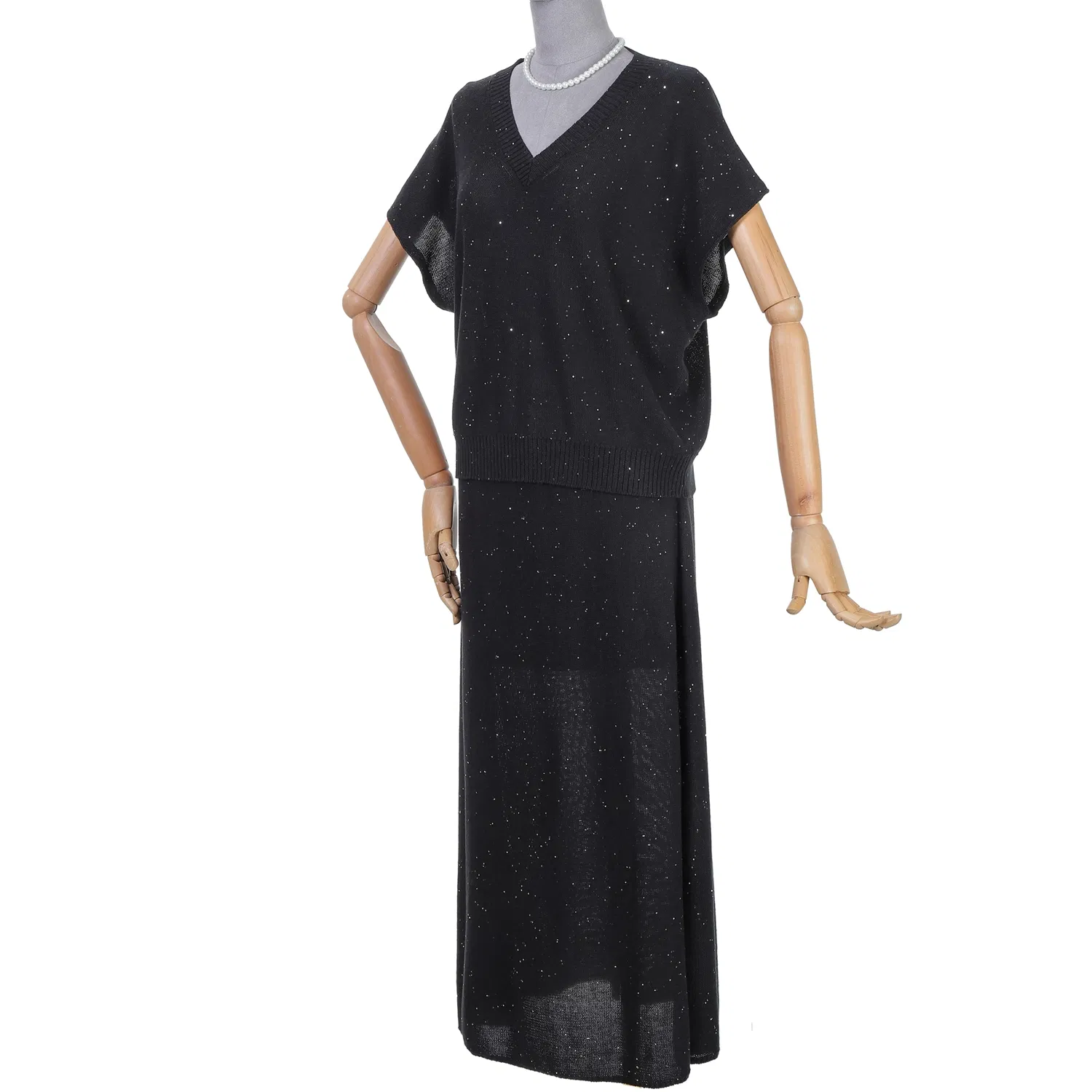 Fashion Knitted Black Short Sleeve and Skirt Sequin Set for Women Sweater