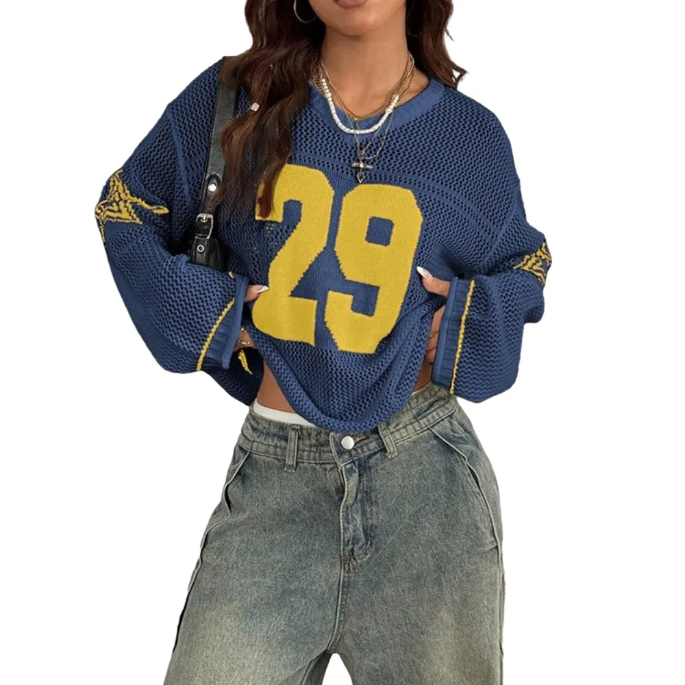 Fashion Dark Blue Jacquard Number Long Sleeve Summer Women′s Crochet Knit Sweater