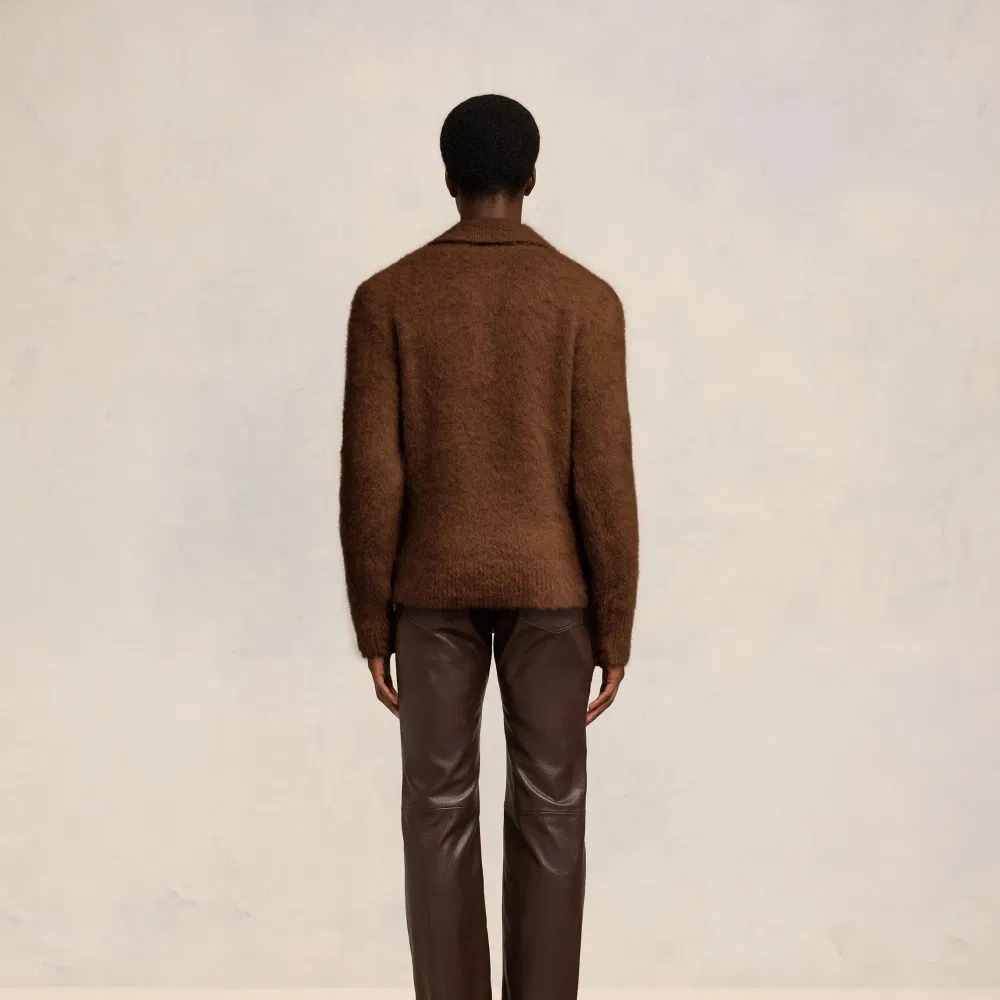 Luxurious Brown Mohair Polo Sweater for Men - Cozy Style