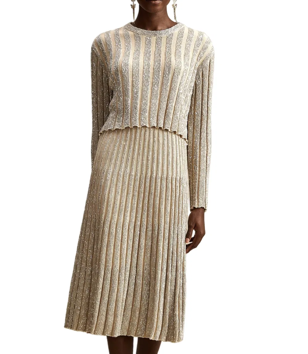 Cozy Matching Sweater and Skirt Set with Golden Stripes