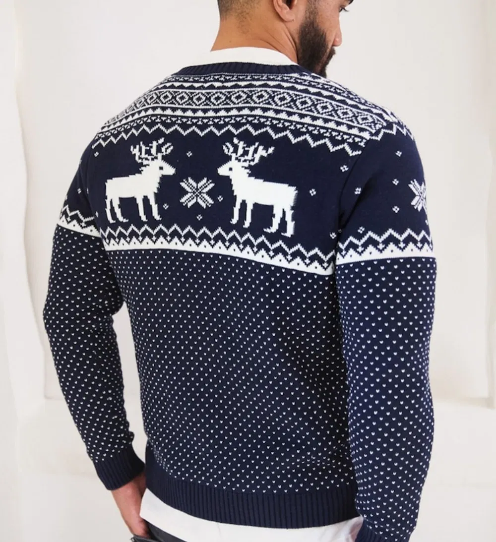 Men&prime;s Fair Isle Jacquard Christmas Sweater in Navy Blue