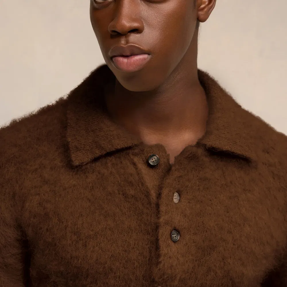 Luxurious Brown Mohair Polo Sweater for Men - Cozy Style