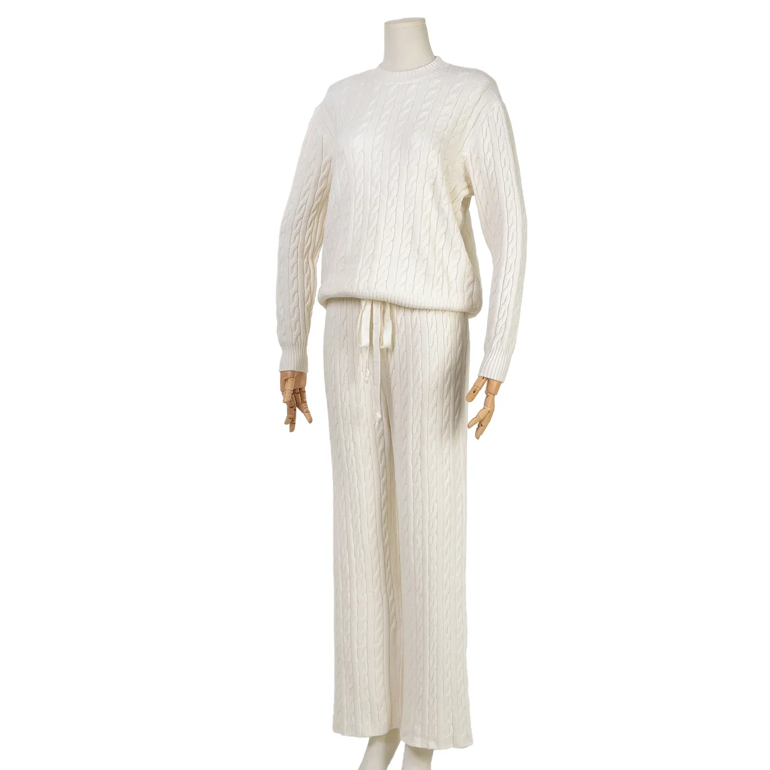Beige Color Cable Knit Pattern Top and Knit Long Pants One Set Women Sweater
