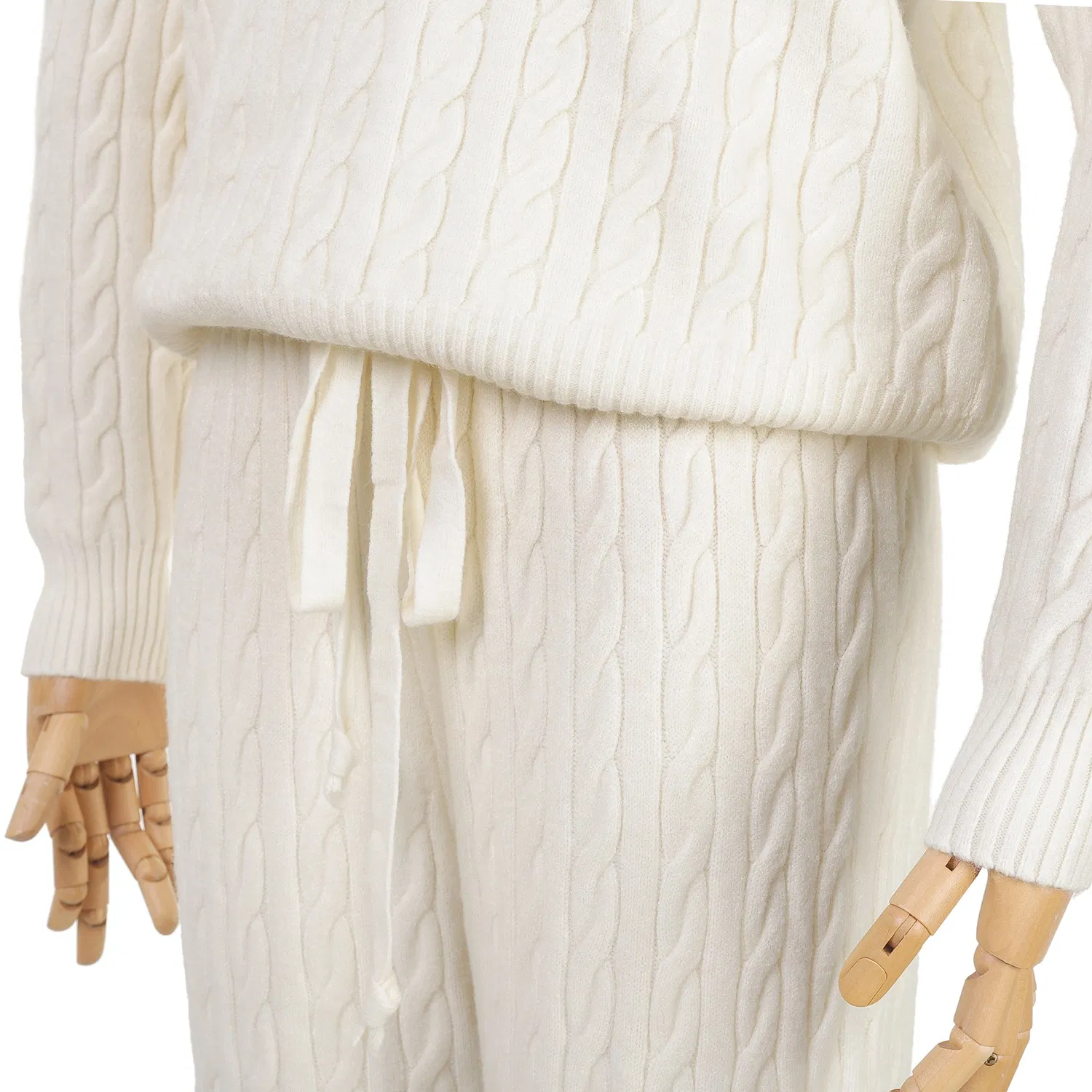 Beige Color Cable Knit Pattern Top and Knit Long Pants One Set Women Sweater