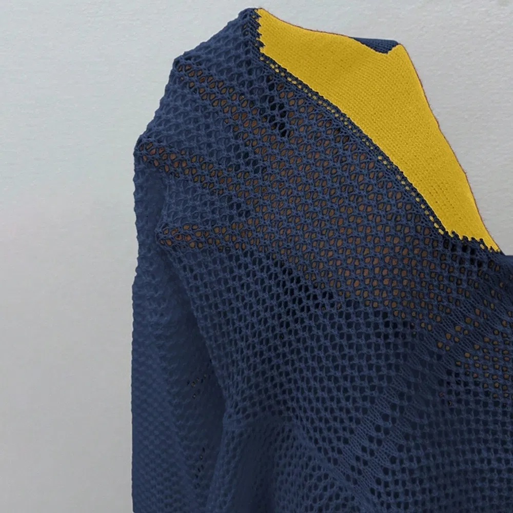Fashion Dark Blue Jacquard Number Long Sleeve Summer Women&prime;s Crochet Knit Sweater