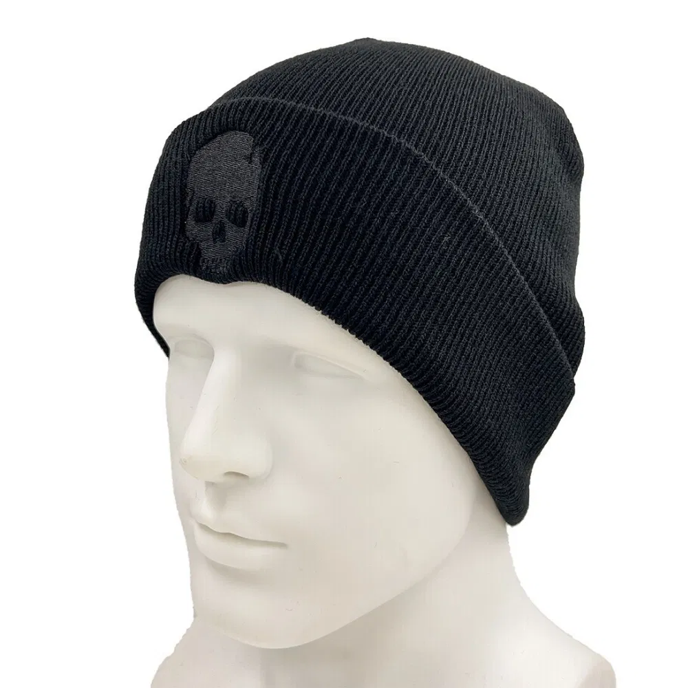 Stylish Black Knit Beanie Featuring Unique Black Skull Embroidery